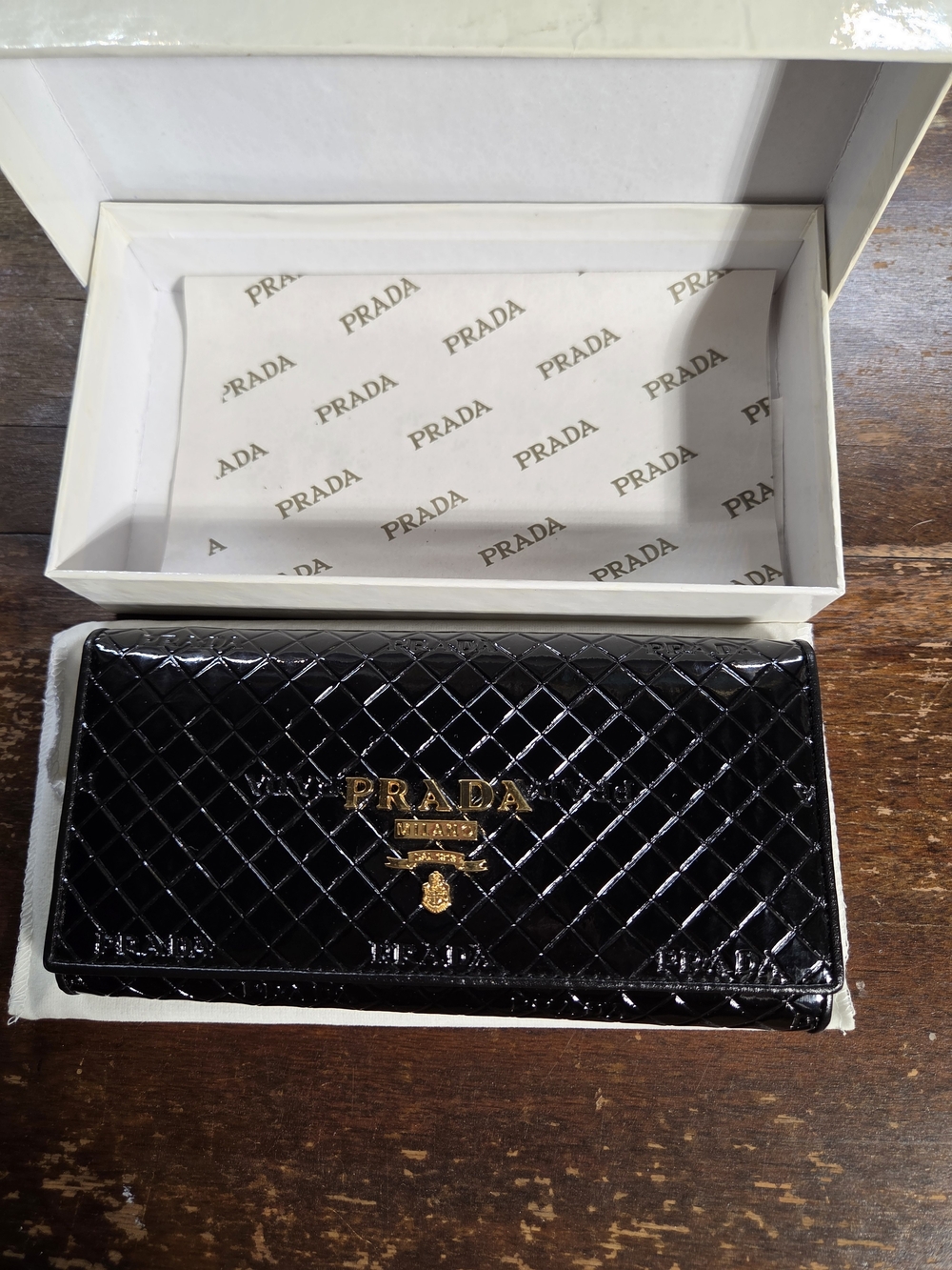 Prada Quilted Patent Leather Continental Wallet - Black & Gold Hardware